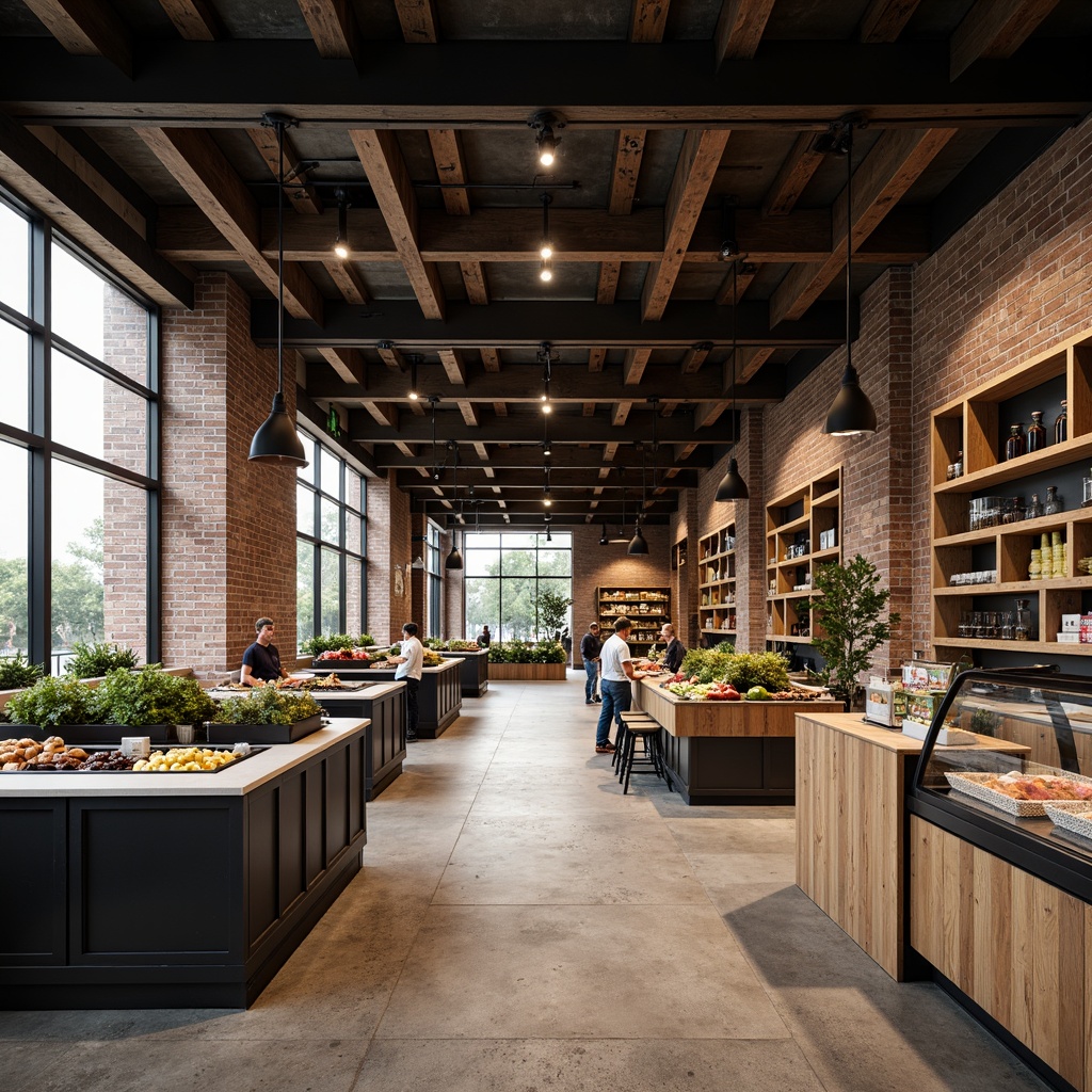 Prompt: Industrial-chic Bauhaus grocery store, polished concrete floors, exposed brick walls, minimalist steel shelves, reclaimed wood accents, Edison bulb lighting, matte black metal frames, natural stone countertops, glass-enclosed produce stands, earthy tone color palette, warm ambient lighting, shallow depth of field, 2/3 composition, symmetrical layout, modernist typography, abstract geometric patterns, functional minimal decor.