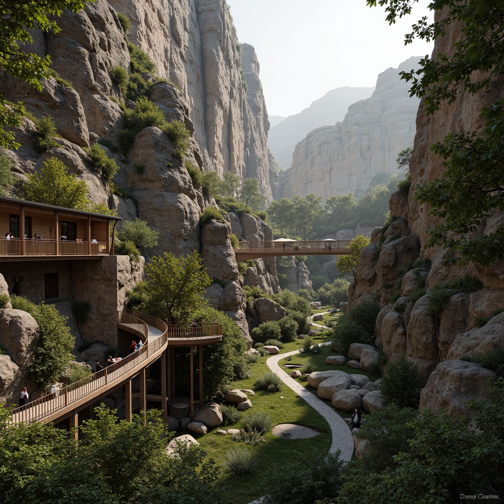 Prompt: Rustic canyon landscape, rugged rock formations, serene waterfalls, lush green vegetation, winding hiking trails, wooden bridges, natural stone walls, earthy tones, organic architecture, curved lines, harmonious integration, cantilevered structures, panoramic views, soft warm lighting, atmospheric mist, 1/1 composition, realistic textures, ambient occlusion.