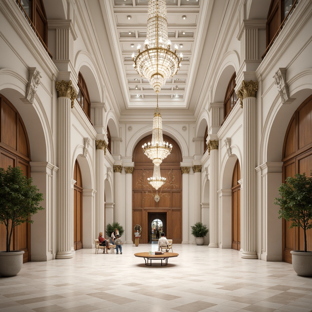 Prompt: Grand neoclassical office building, symmetrical facade, ornate columns, intricate carvings, classical arches, grand entrance, marble flooring, luxurious chandeliers, refined moldings, neutral color palette, creamy whites, rich woods, polished metals, sophisticated lighting, shallow depth of field, 1/1 composition, subtle texture overlays, realistic ambient occlusion.