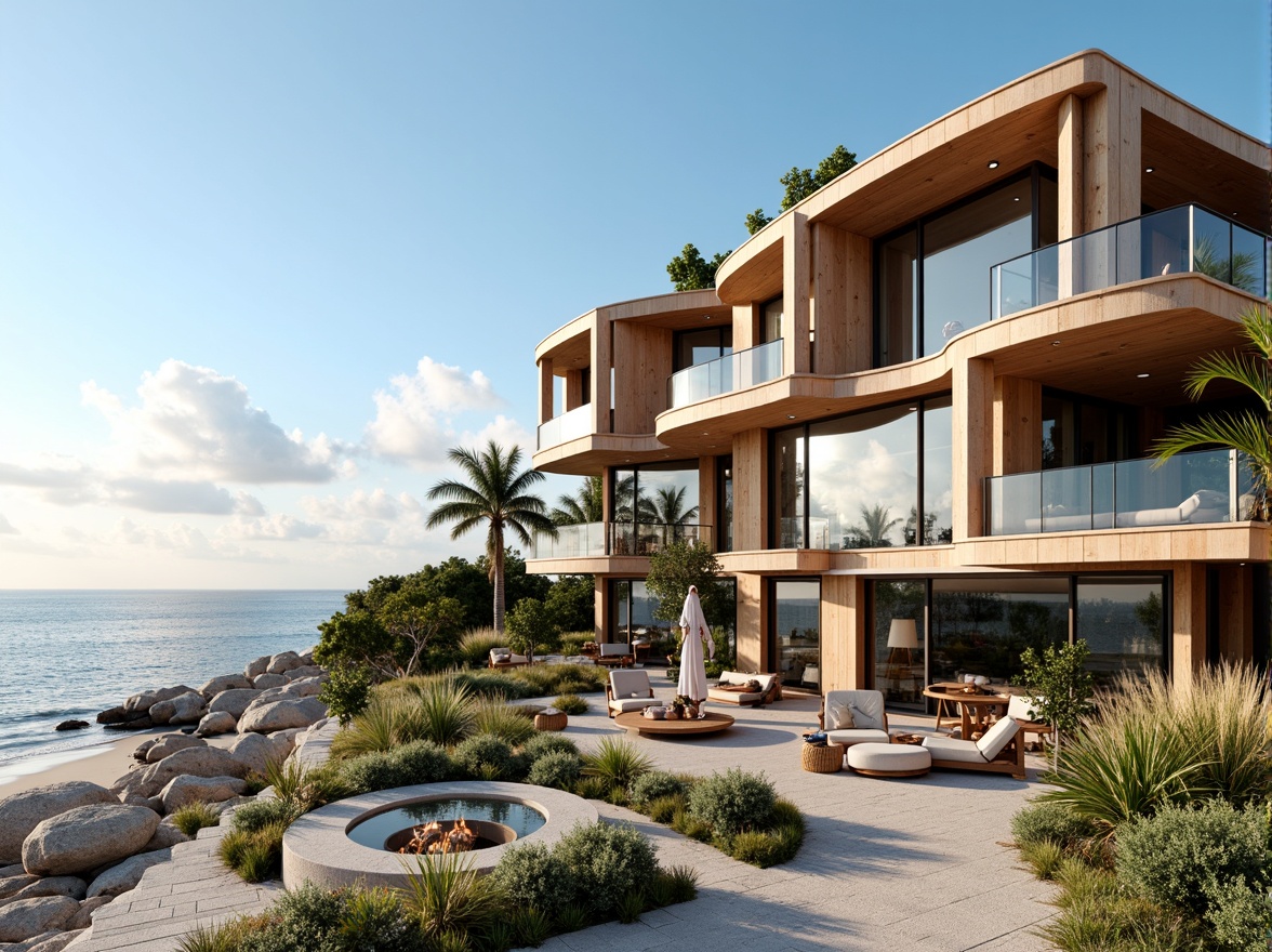 Prompt: Coastal eclectic building, beachside location, ocean views, salt-resistant materials, weathered wooden accents, coral-inspired colors, tropical plants, palm trees, sandy dunes, driftwood decorations, nautical elements, porthole windows, curved lines, asymmetrical facade, cantilevered balconies, outdoor seating areas, sea-breeze ventilation, natural lighting, soft warm ambiance, 1/1 composition, wide-angle lens, high dynamic range, realistic water simulations.