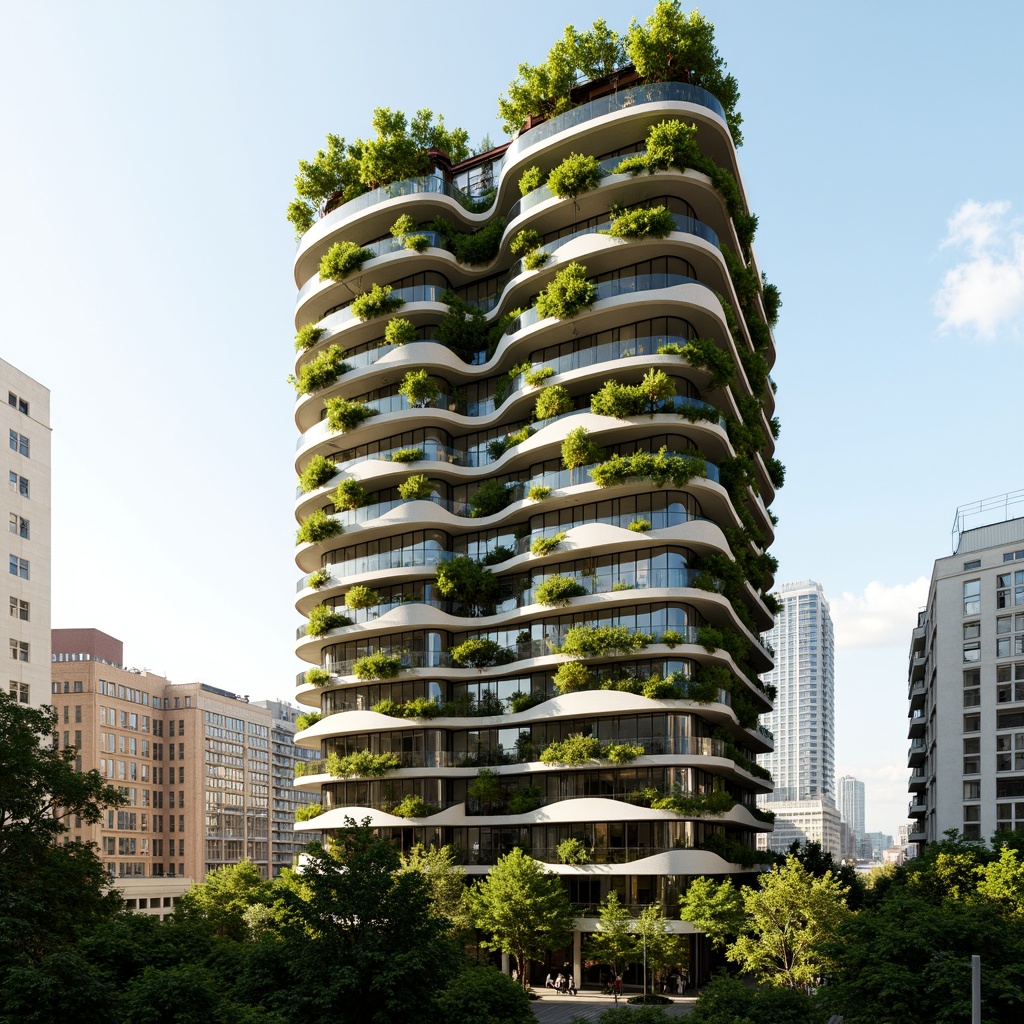 Prompt: Curvaceous skyscraper, lush green walls, living roofs, verdant balconies, organic forms, natural ventilation systems, energy-efficient glass fa\u00e7ades, solar panels, wind turbines, rainwater harvesting systems, grey water reuse, eco-friendly materials, recycled steel structures, minimalist interior design, abundant natural light, soft warm ambiance, shallow depth of field, 3/4 composition, panoramic city view, realistic textures, ambient occlusion.