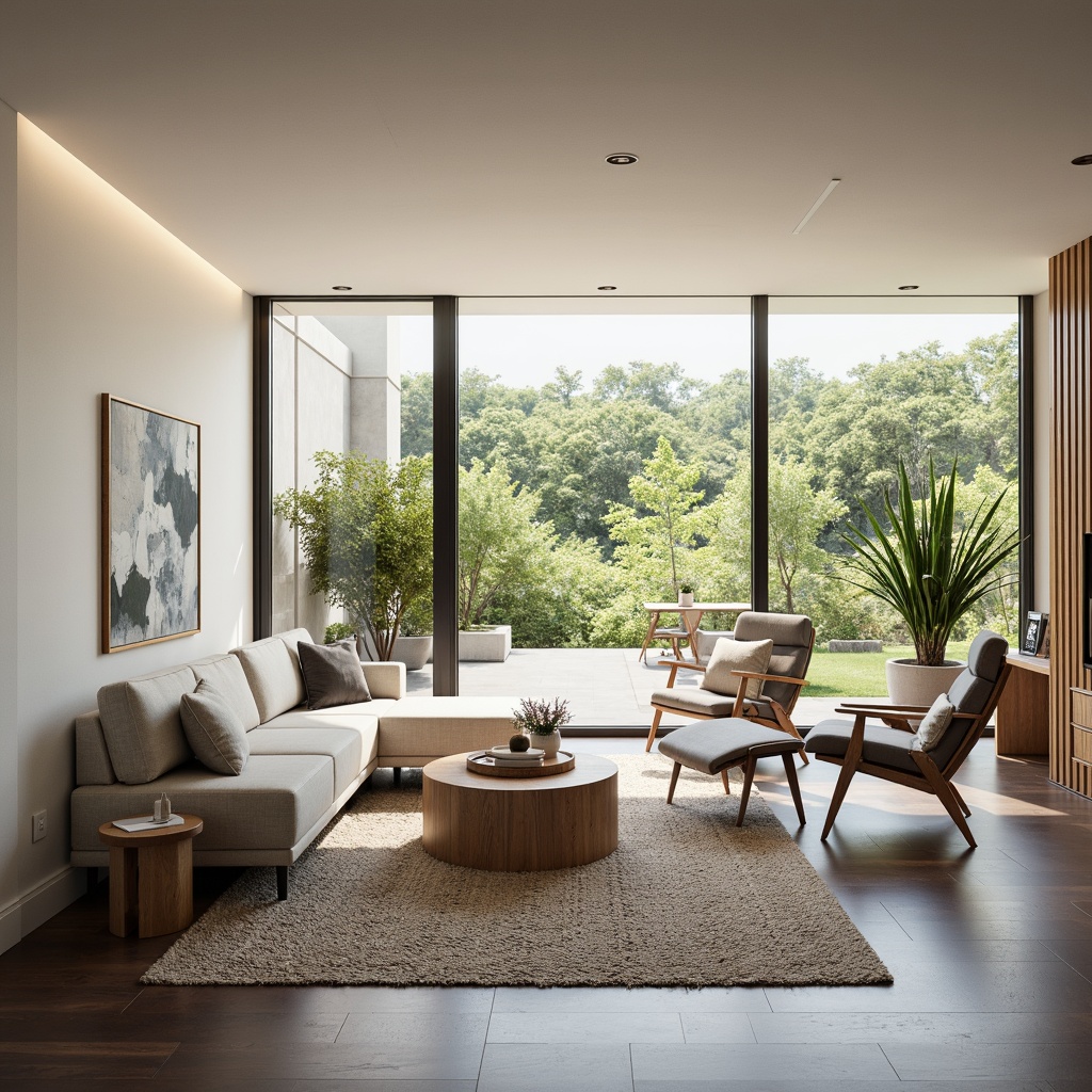 Prompt: Minimalist living room, neutral color palette, sleek furniture, ergonomic chairs, floor-to-ceiling windows, natural light pouring in, open-plan layout, functional zones, circular conversation pit, recessed lighting, textured rugs, wooden accents, modern art pieces, greenery, indoor plants, calming ambiance, soft warm glow, shallow depth of field, 1/1 composition, realistic textures, ambient occlusion.