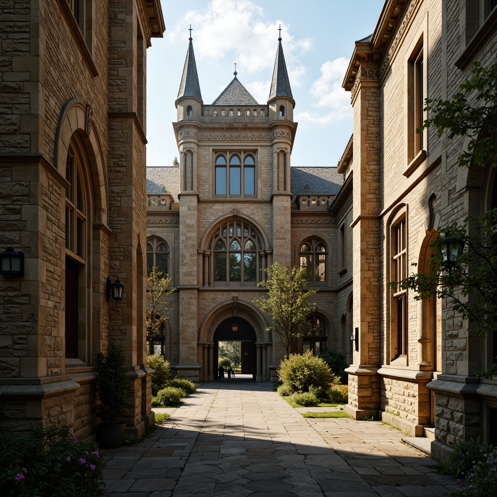 Prompt: Rustic university campus, weathered stone walls, Gothic arches, pointed towers, intricate stonework carvings, moss-covered stones, ornate stone columns, grand entrance gates, heavy wooden doors, stained glass windows, mystical ambiance, warm golden lighting, shallow depth of field, 2/3 composition, symmetrical view, realistic stone textures, ambient occlusion.