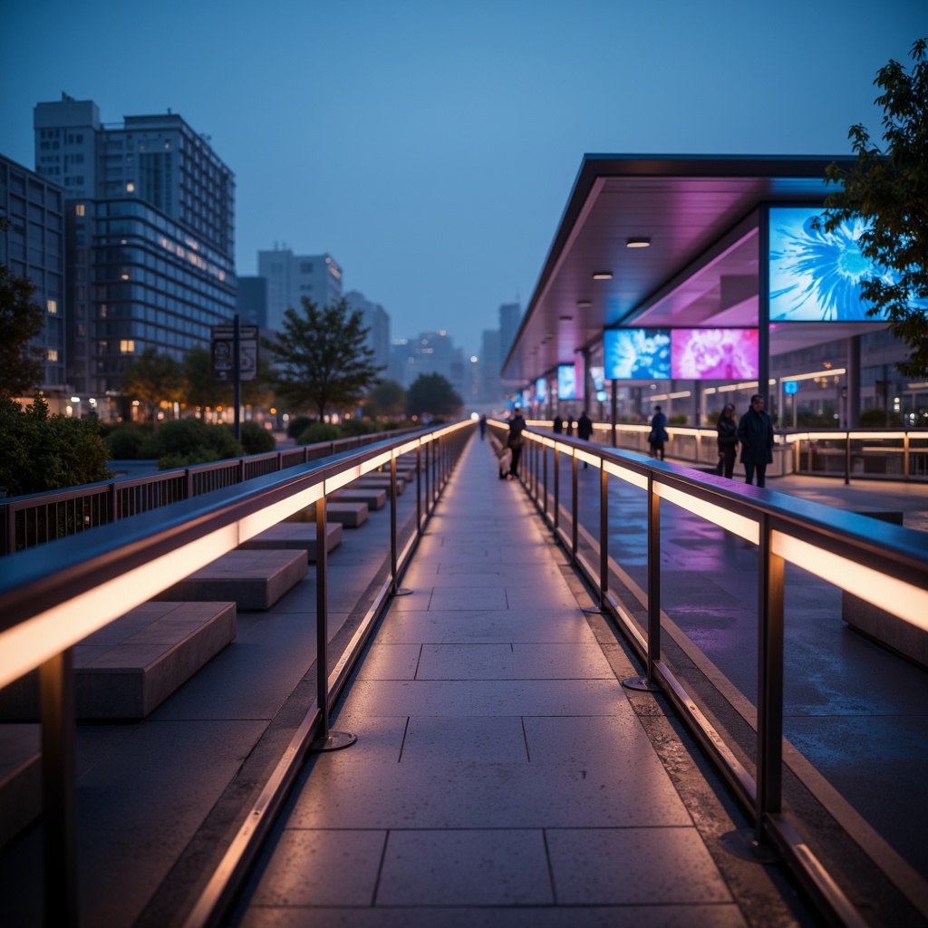 Prompt: Futuristic pedestrian bridge, sleek metal railings, LED strip lights, vibrant color-changing displays, dynamic ambient lighting, urban cityscape, nighttime scenery, misty atmosphere, soft focus, shallow depth of field, 1/2 composition, symmetrical framing, modern minimalist design, sustainable energy solutions, solar-powered lights, kinetic sculptures, interactive light installations, pedestrian-friendly infrastructure, accessible walkways, comfortable seating areas, warm and inviting ambiance, dramatic shadows, highlights on metal surfaces.