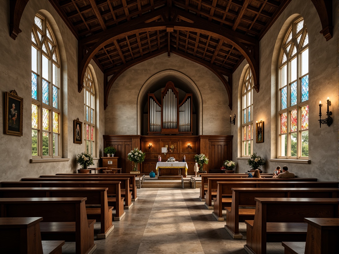 Prompt: Rustic church interior, wooden pews, stained glass windows, vaulted ceilings, ornate altar, intricate carvings, stone walls, medieval architecture, grand organ pipes, soft warm lighting, shallow depth of field, 1/1 composition, realistic textures, ambient occlusion, surrounding village landscape, rolling hills, green pastures, serene atmosphere, overcast sky, warm sunlight filtering through windows.