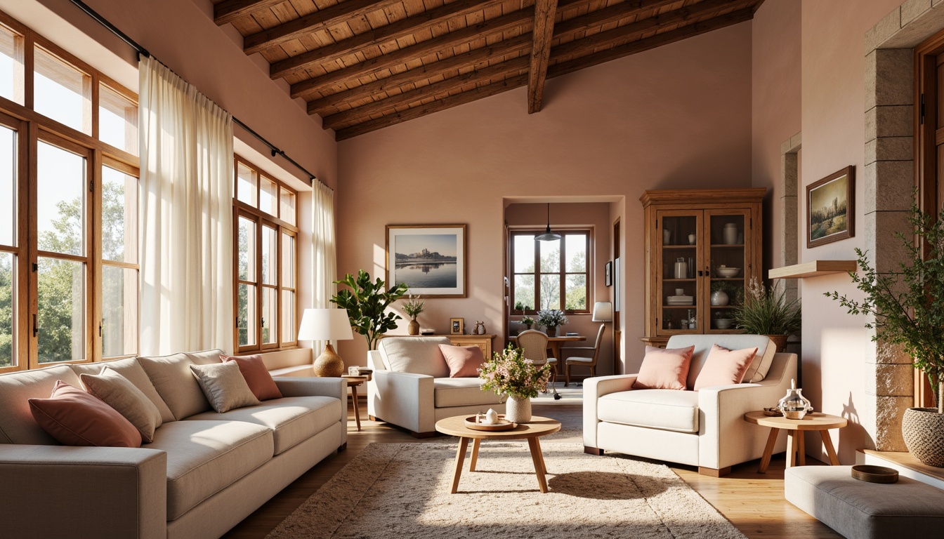 Prompt: Warm peach tones, soft blush hues, creamy whites, rich wood accents, natural stone textures, cozy living spaces, inviting atmosphere, rustic farmhouse style, vintage decor elements, distressed finishes, elegant furnishings, delicate lace details, warm golden lighting, shallow depth of field, 1/1 composition, realistic renderings.