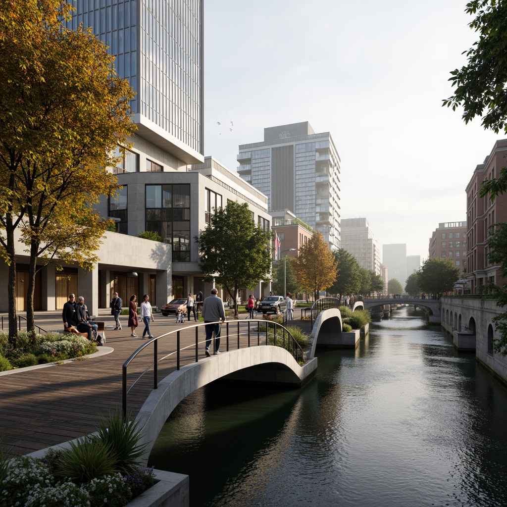 Prompt: Curved pedestrian bridge, sleek modern design, stainless steel railings, wooden deck flooring, vibrant greenery, lush vegetation, natural stone pillars, scenic river views, tranquil water reflections, misty morning atmosphere, soft warm lighting, shallow depth of field, 1/1 composition, panoramic view, realistic textures, ambient occlusion, urban cityscape, bustling streets, contemporary architecture, mixed-use development, public art installations, dynamic street furniture, pedestrian-friendly infrastructure.