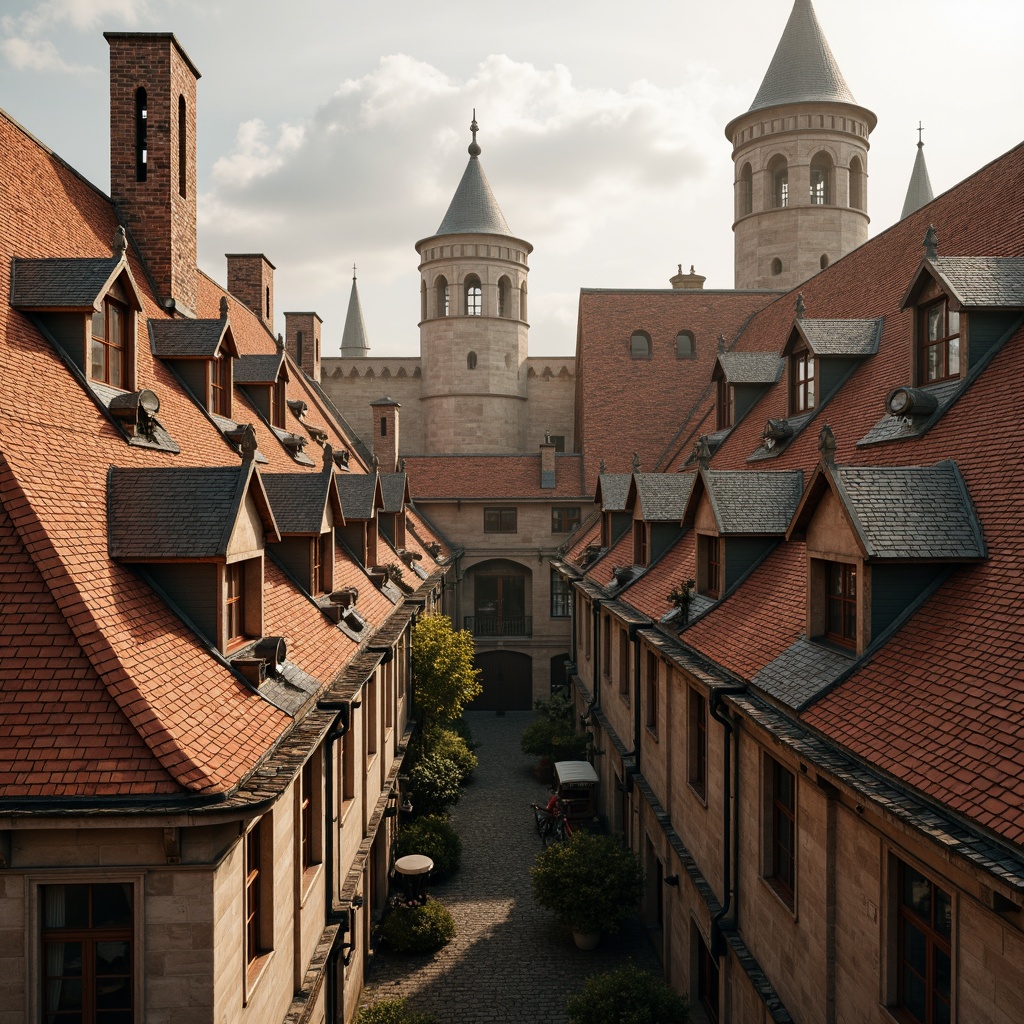 Prompt: Romanesque-inspired rooftops, curved terracotta tiles, ornate stone carvings, grandiose dormer windows, rustic metal accents, earthy color palette, natural slate shingles, asymmetrical rooflines, medieval-style turrets, intricate stonework patterns, warm golden lighting, dramatic shadows, 1/2 composition, realistic textures, ambient occlusion, overcast sky, soft misty atmosphere.