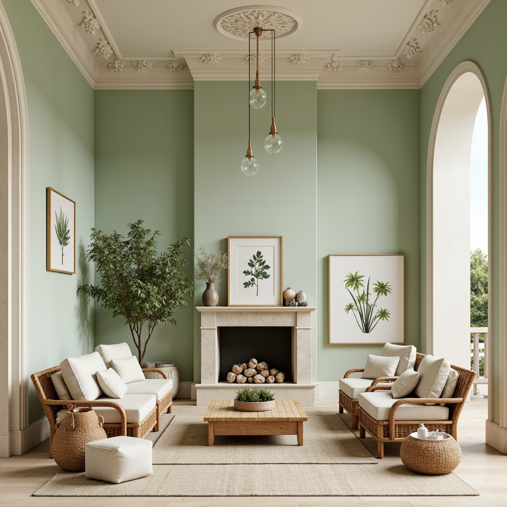 Prompt: Soft mint walls, pale sage accents, creamy white trim, warm beige floors, natural linen upholstery, distressed wood furniture, botanical prints, woven rattan decor, earthy terracotta vases, delicate glass pendant lights, airy open spaces, filtered softbox lighting, 1/1 composition, intimate atmosphere, realistic textures, ambient occlusion.