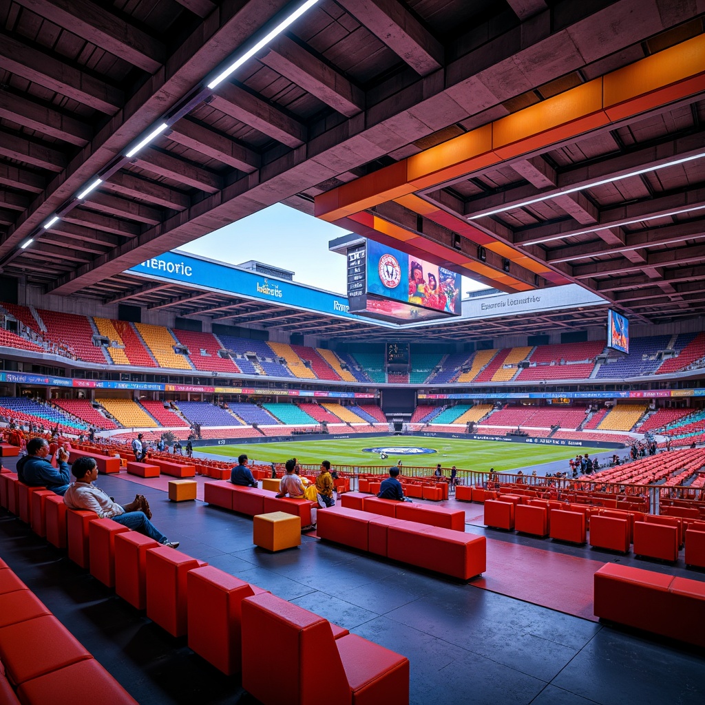 Prompt: Vibrant stadium interior, bold color blocking, neon lights, gradient bleachers, dynamic curves, irregular shapes, eclectic furniture, playful typography, abstract patterns, futuristic scoreboard, LED lights, metallic accents, concrete textures, brutalist architecture, modern amenities, energetic atmosphere, warm golden lighting, shallow depth of field, 1/1 composition, dramatic shadows, high-contrast colors.