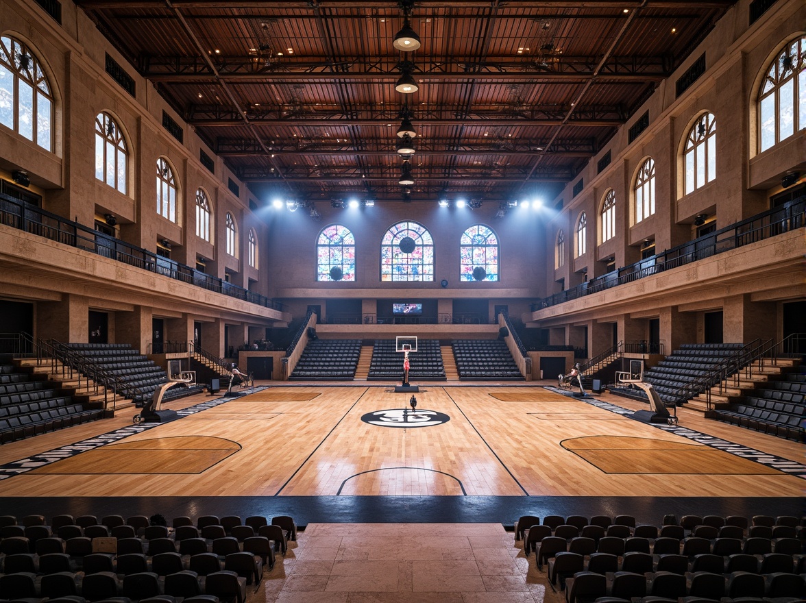 Prompt: Grandiose gymnasium, ornate facades, intricately carved stone walls, majestic columns, regal archways, vibrant stained glass windows, polished wooden floors, athletic equipment, competition tracks, jumping pits, basketball courts, spectator seating areas, luxurious locker rooms, modern LED lighting, dramatic spotlighting, atmospheric misting systems, panoramic views, symmetrical composition, realistic textures, ambient occlusion.