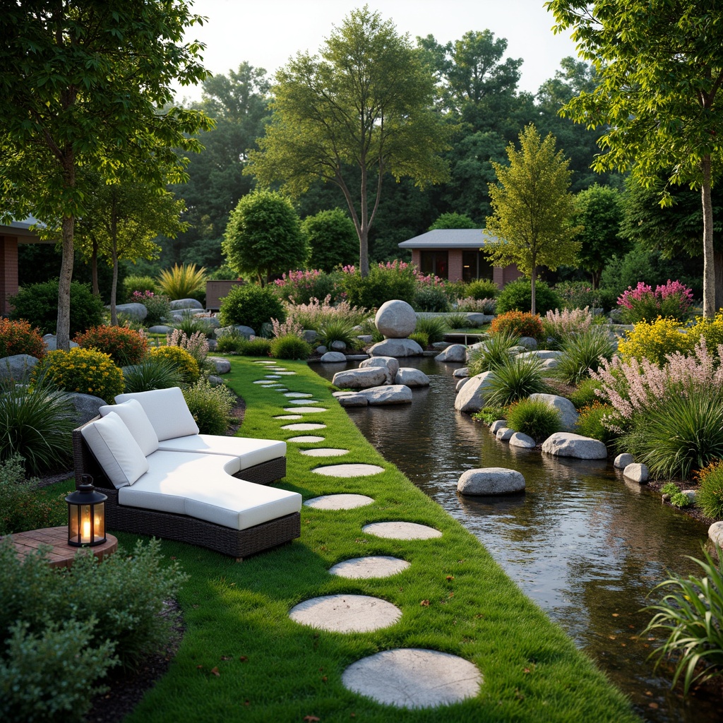 Prompt: Lush green lawn, vibrant flowerbeds, natural stone pathways, meandering streams, serene water features, majestic trees, colorful blooming gardens, inviting outdoor seating areas, comfortable wicker furniture, soft cushions, warm lantern lighting, subtle fragrances, gentle breezes, 1/2 composition, shallow depth of field, realistic textures, ambient occlusion.