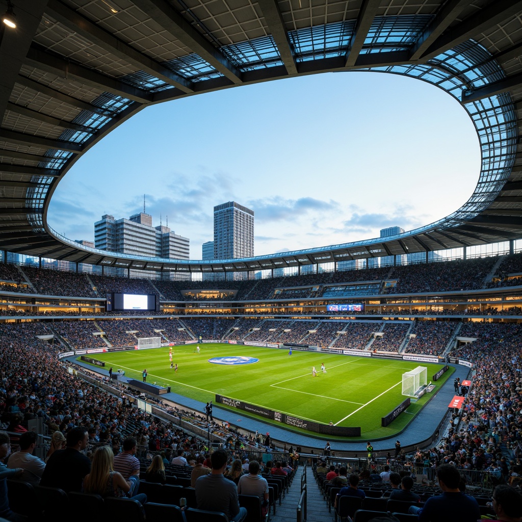 Prompt: Futuristic soccer stadium, dynamic curved lines, sleek metallic fa\u00e7ade, LED lighting system, transparent glass walls, cantilevered roofs, modern angular architecture, vibrant green turf, goalposts, spectator seats, urban cityscape, evening atmosphere, warm soft lighting, shallow depth of field, 3/4 composition, panoramic view, realistic textures, ambient occlusion.