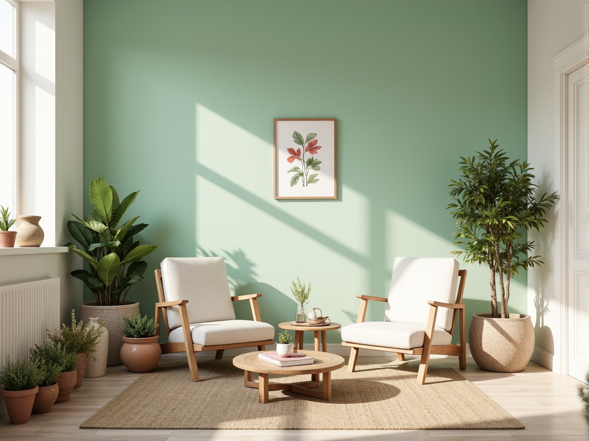 Prompt: Soft mint walls, calming pale greenery, creamy white accents, warm beige furniture, natural wood textures, earthy terracotta pots, delicate botanical prints, gentle morning light, shallow depth of field, 1/1 composition, realistic fabric renderings, ambient occlusion.