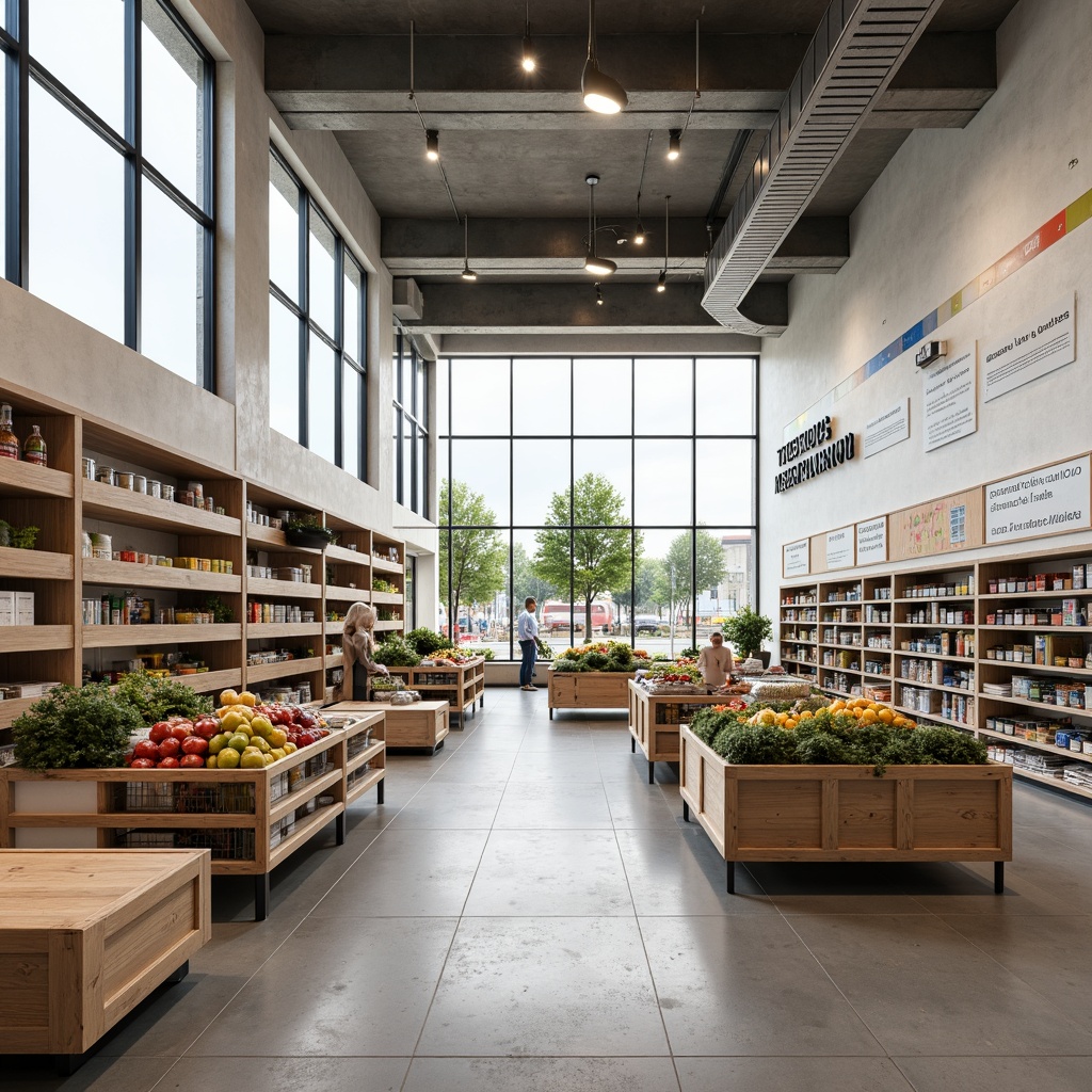 Prompt: Minimalist grocery store interior, industrial-style shelving units, exposed ductwork, polished concrete floors, white stucco walls, large windows with metal frames, geometric-shaped decorative tiles, functional display cases, simple wooden crates, metal baskets, bold typography signage, primary color accents, natural light pouring in, high ceilings, open layout, modernist-inspired product displays, sleek cash registers, minimalist decor, functional simplicity, 1/1 composition, softbox lighting, subtle shadows, realistic textures.