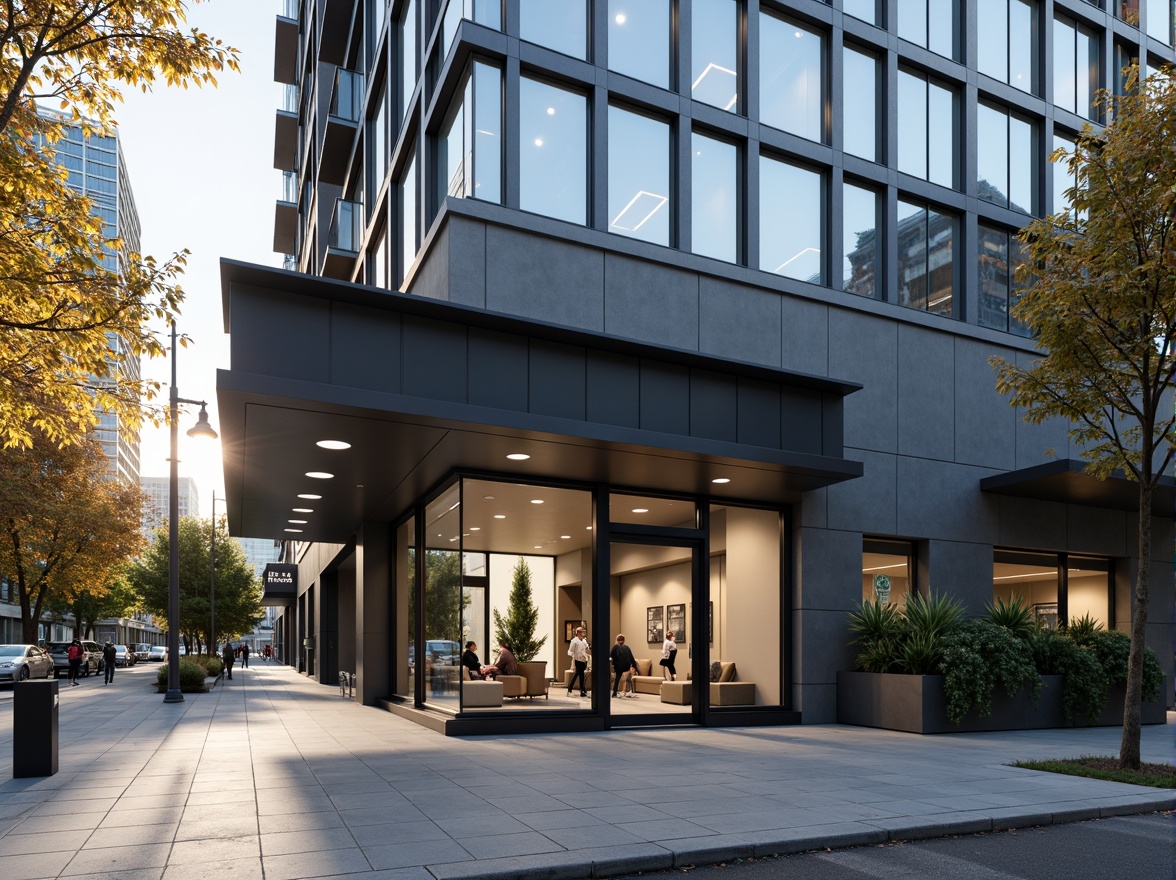 Prompt: Modern fitness club facade, minimalist design, clean lines, rectangular shapes, neutral color palette, large glass windows, steel frames, industrial-style lighting, urban cityscape background, busy streets, morning sunlight, soft natural light, 1/1 composition, shallow depth of field, realistic materials, ambient occlusion, subtle textures, matte finishes, sleek door handles, simple signage, sparse greenery, concrete sidewalks.