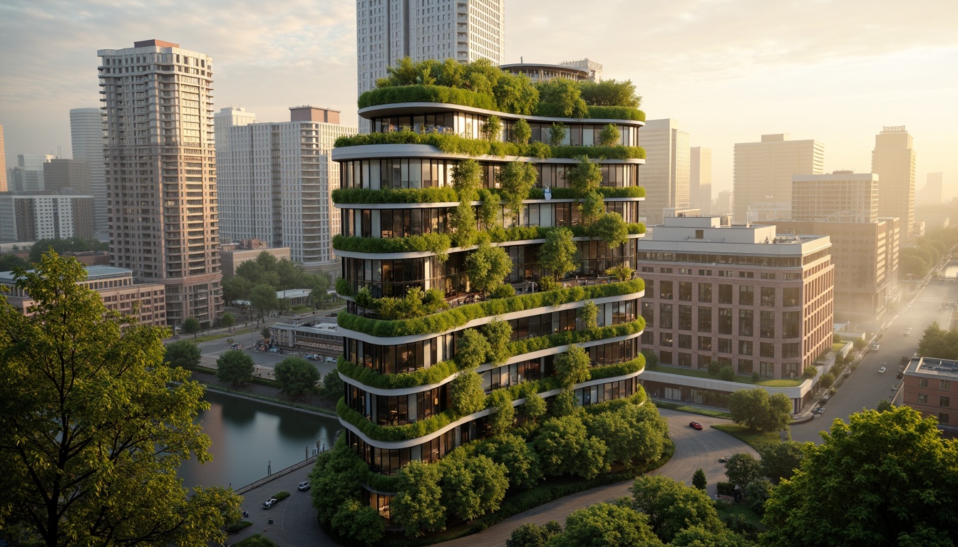 Prompt: Curved skyscraper, living walls, lush green roofs, solar panels, wind turbines, rainwater harvesting systems, recycled materials, natural ventilation, optimized floor plans, bamboo flooring, low-VOC paints, energy-efficient glazing, double-glazed windows, vertical farming, urban agriculture, misty morning atmosphere, warm golden lighting, shallow depth of field, 1/2 composition, cinematic perspective, realistic reflections, ambient occlusion.