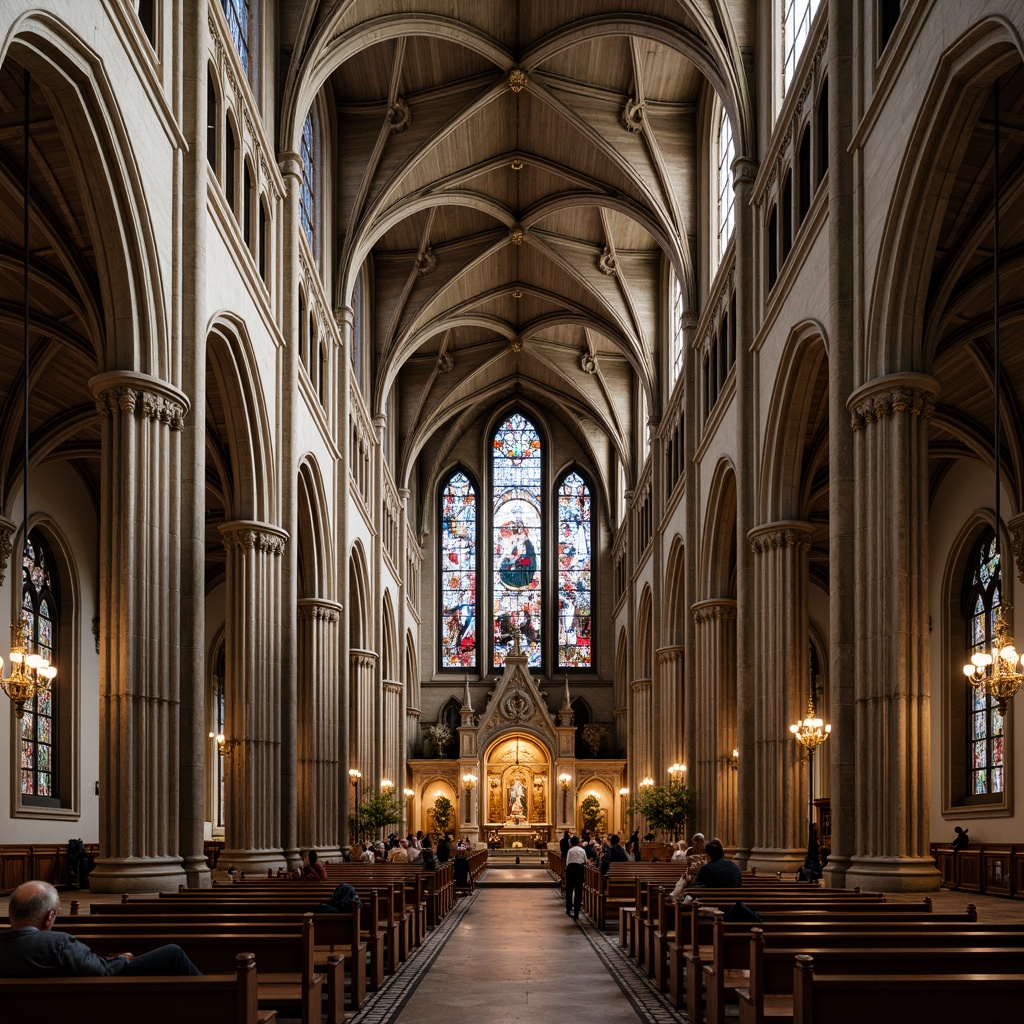 Prompt: Intricate stone carvings, grandiose cathedrals, stained glass windows, ornate wooden pews, golden accents, ribbed vaults, flying buttresses, pointed arches, Gothic Revival style, intricate frescoes, dramatic lighting, warm ambiance, soft shadows, 1/2 composition, low-angle shot, realistic textures, ambient occlusion.