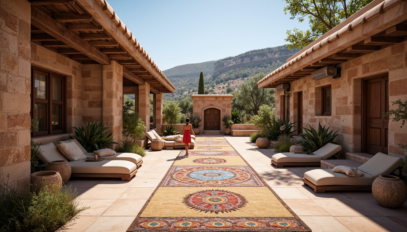 Prompt: Rustic stone walls, wooden accents, earthy tones, clay roofs, curved arches, ornate decorations, intricate carvings, vibrant textiles, colorful ceramics, regional patterns, cultural motifs, natural surroundings, rolling hills, serene landscapes, warm sunny day, soft diffused lighting, shallow depth of field, 3/4 composition, realistic textures, ambient occlusion.