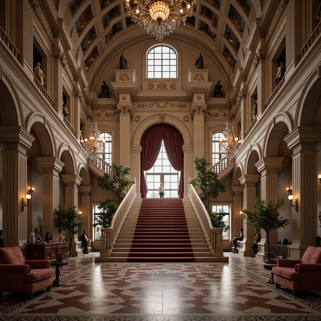 Prompt: Grand entrance, ornate columns, carved stone facades, symmetrical architecture, imposing archways, decorative pilasters, classical statues, intricate moldings, grand staircase, polished marble floors, crystal chandeliers, luxurious furnishings, rich velvet drapes, subtle warm lighting, high ceilings, majestic atmosphere, realistic textures, ambient occlusion.