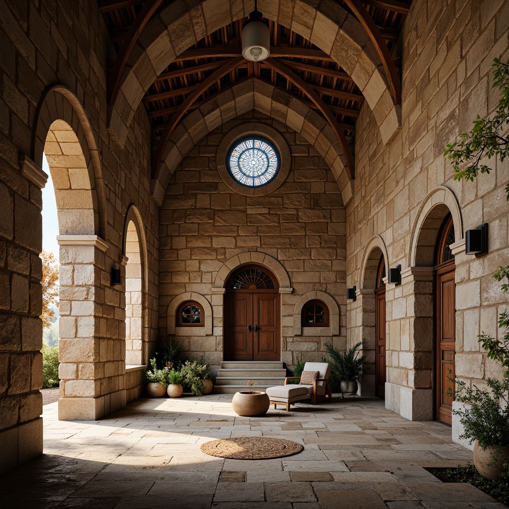 Prompt: Rustic stone walls, weathered granite, rough-hewn limestone, ornate carvings, arched windows, rounded doorways, thick columns, vaulted ceilings, stained glass, intricate mosaics, warm earthy tones, natural textures, medieval-inspired design, grandiose scale, dramatic lighting, high contrast, 1/2 composition, close-up shots, detailed renderings, ambient occlusion.