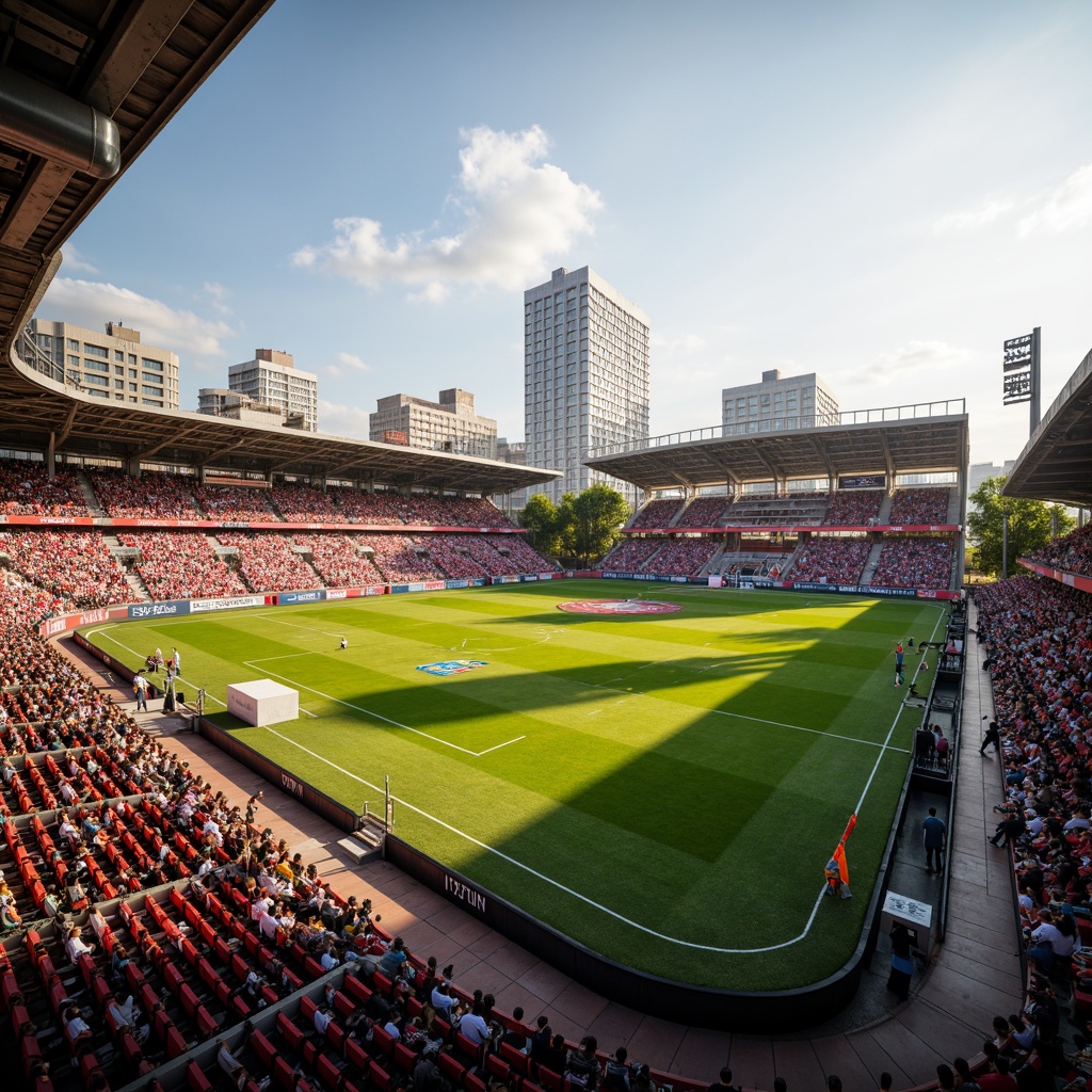 Prompt: Vibrant sports stadium, energetic atmosphere, bold team colors, contrasting accents, dynamic lighting effects, modern architecture, sleek curves, angular lines, sturdy steel structures, comfortable seating areas, lush greenery, surrounding urban landscape, sunny day, warm golden light, shallow depth of field, 1/1 composition, realistic textures, ambient occlusion.