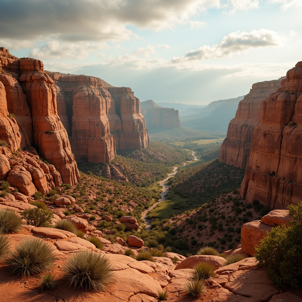 Prompt: Vibrant canyon landscape, warm sandy beige, rustic terracotta red, deep turquoise blue, earthy sienna brown, soft misty grey, rugged rock formations, dramatic cliff faces, serene desert flora, wispy cloud textures, golden hour lighting, atmospheric perspective, shallow depth of field, 2/3 composition, naturalistic color grading, subtle gradient effects.