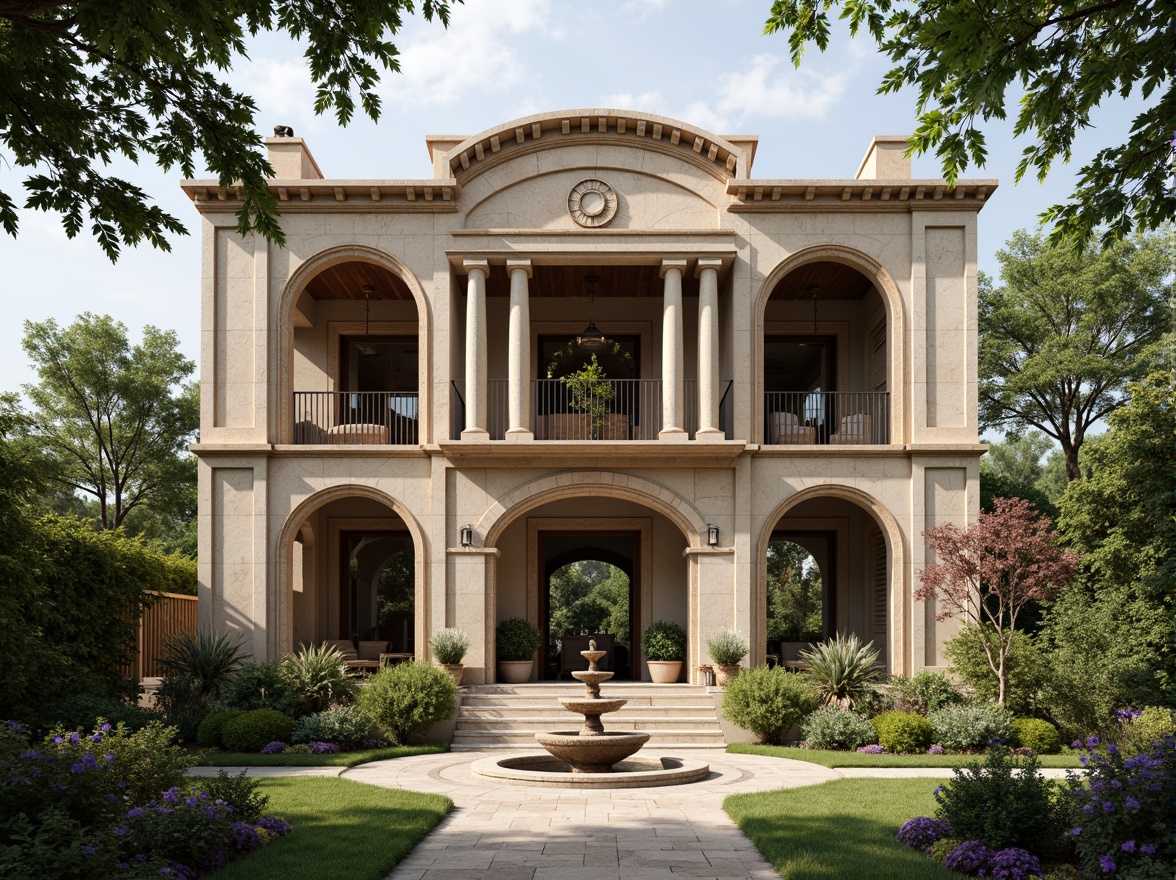 Prompt: Ancient Roman-inspired villa, imposing stone columns, ornate capitals, rustic arches, grand entrance, ornamental pediments, weathered stonework, earthy color palette, lush greenery, surrounding gardens, tranquil fountain, soft natural lighting, shallow depth of field, 1/1 composition, realistic textures, ambient occlusion.