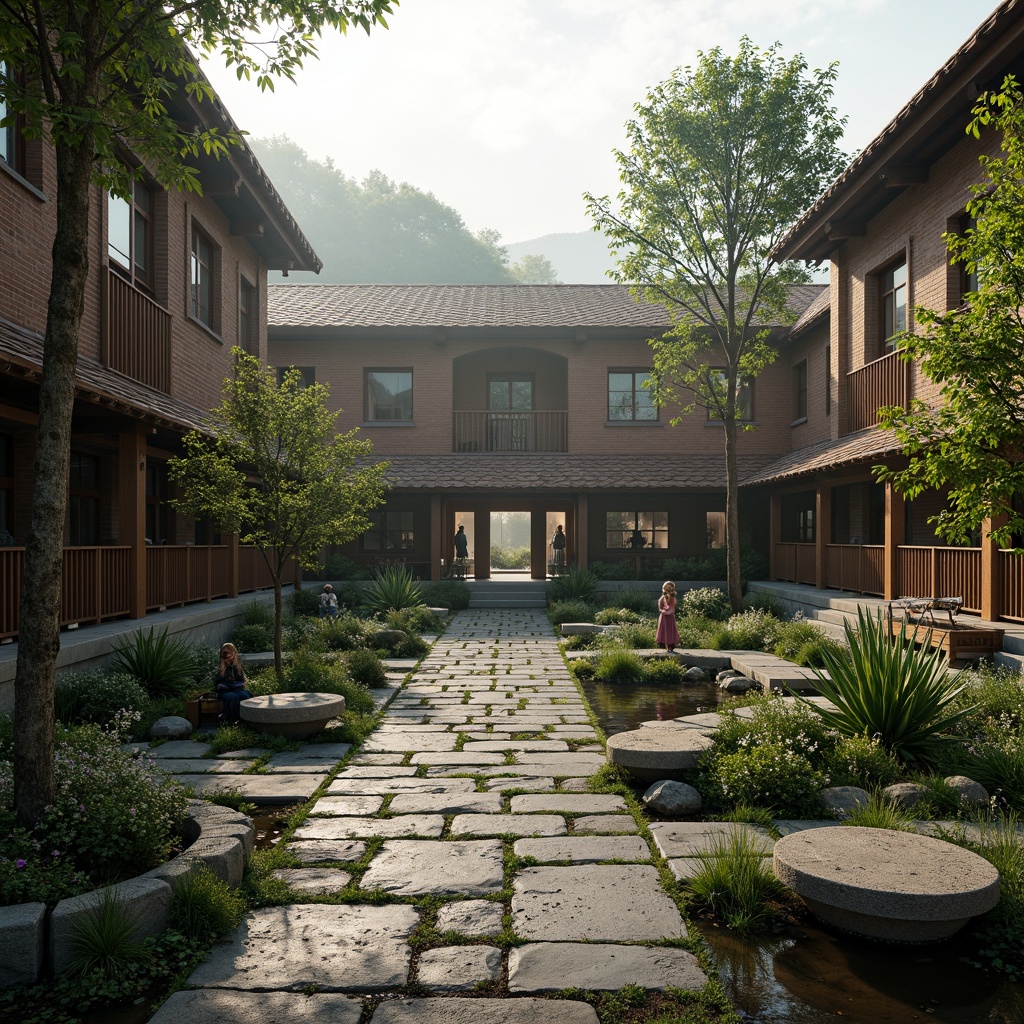 Prompt: Serene monastery courtyard, lush greenery, tranquil water features, meandering stone pathways, natural wood accents, rustic brick buildings, sloping rooftops, dormer windows, cozy outdoor seating areas, spiritual statues, prayer flags, misty morning atmosphere, soft warm lighting, shallow depth of field, 3/4 composition, panoramic view, realistic textures, ambient occlusion.