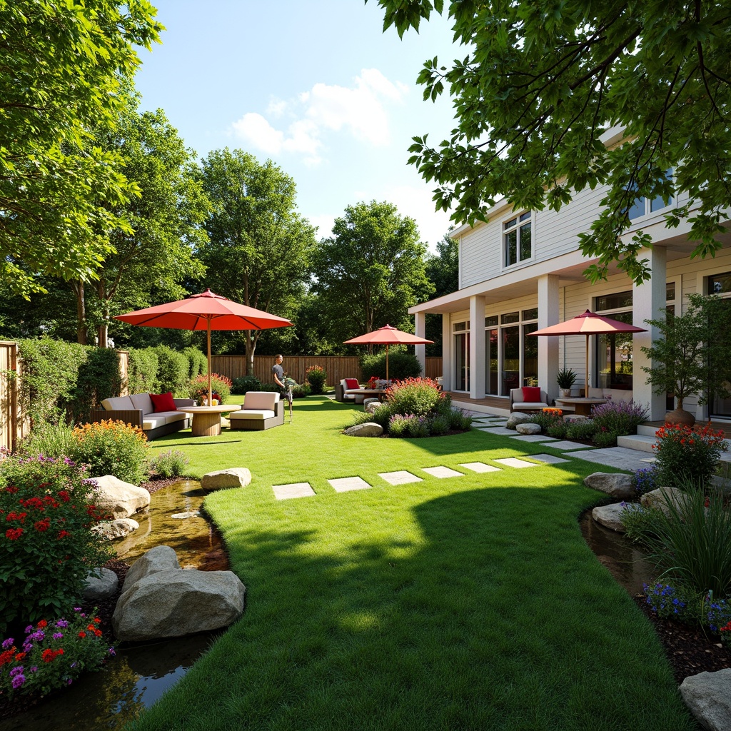 Prompt: Inviting backyard, lush green grass, blooming flowers, vibrant shrubs, meandering pathways, wooden benches, natural stone walls, modern outdoor furniture, colorful umbrellas, soft warm lighting, shallow depth of field, 1/1 composition, panoramic view, realistic textures, ambient occlusion, serene atmosphere, tranquil water features, small ponds, fountain sounds, birdhouses, garden decorations.