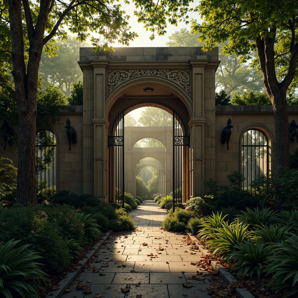 Prompt: Mysterious zoo entrance, intricately carved stone walls, ornate metal gates, lush green foliage, exotic trees, mystical atmosphere, warm golden lighting, intricate Gothic arches, ribbed vaults, flying buttresses, ornamental gargoyles, mystical creatures, ancient ruins, mysterious artifacts, worn stone pathways, overgrown vegetation, eerie mist, low-key dramatic lighting, cinematic composition, high contrast textures, detailed normal maps.