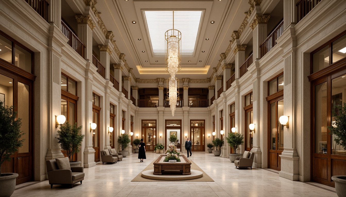 Prompt: Grandiose office building, neoclassical facade, ornate columns, carved stonework, symmetrical composition, elegant archways, refined pilasters, luxurious marble floors, polished bronze doors, intricate moldings, sophisticated interior design, spacious lobby areas, high ceilings, dramatic chandeliers, soft warm lighting, shallow depth of field, 1/1 composition, panoramic view, realistic textures, ambient occlusion.