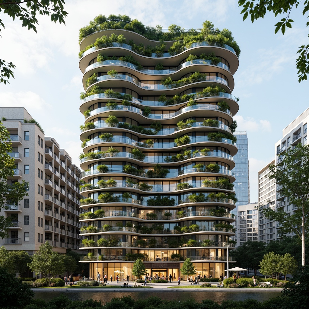 Prompt: Eco-friendly skyscraper, organic curves, lush green walls, living roofs, solar panels, wind turbines, rainwater harvesting systems, recycled materials, natural ventilation systems, minimal carbon footprint, futuristic design, sleek glass fa\u00e7ades, cantilevered structures, open-air gardens, misting systems, shaded outdoor spaces, vibrant colorful accents, intricate biomimicry patterns, soft warm lighting, shallow depth of field, 1/1 composition, panoramic view, realistic textures, ambient occlusion.