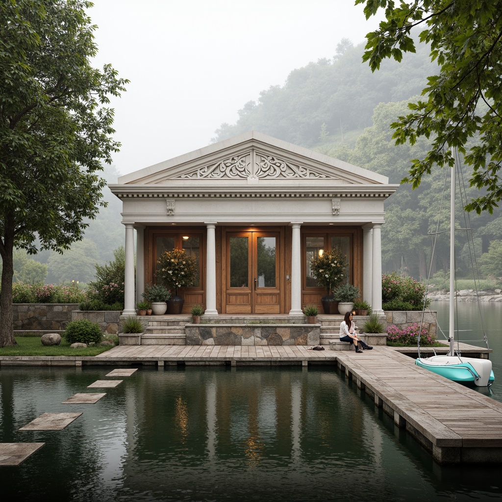 Prompt: Waterfront location, tranquil lake views, rustic boathouse, neoclassical facade design, symmetrical composition, ornate wooden doors, white columns, classic pediments, decorative cornices, soft warm lighting, gentle water reflections, lush greenery, blooming flowers, natural stone foundations, wooden dock, sailboats, rowing boats, misty morning atmosphere, shallow depth of field, 1/1 composition, realistic textures, ambient occlusion.