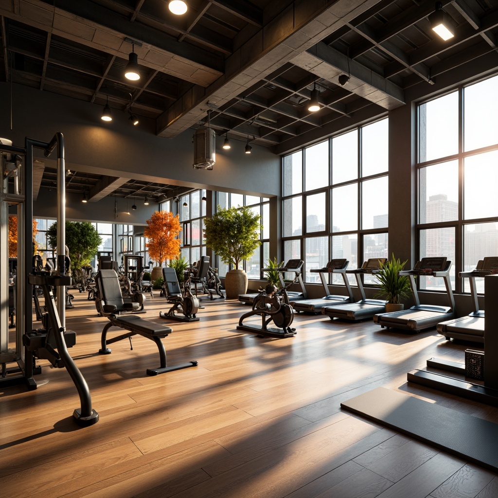 Prompt: Vibrant fitness club, floor-to-ceiling windows, abundant natural light, polished wood floors, sleek modern equipment, free weights, treadmills, yoga mats, mirrored walls, urban cityscape views, morning sunlight, soft warm ambiance, shallow depth of field, 1/1 composition, realistic textures, ambient occlusion, industrial-chic decor, metal beams, exposed ductwork, motivational quotes, dynamic color schemes.