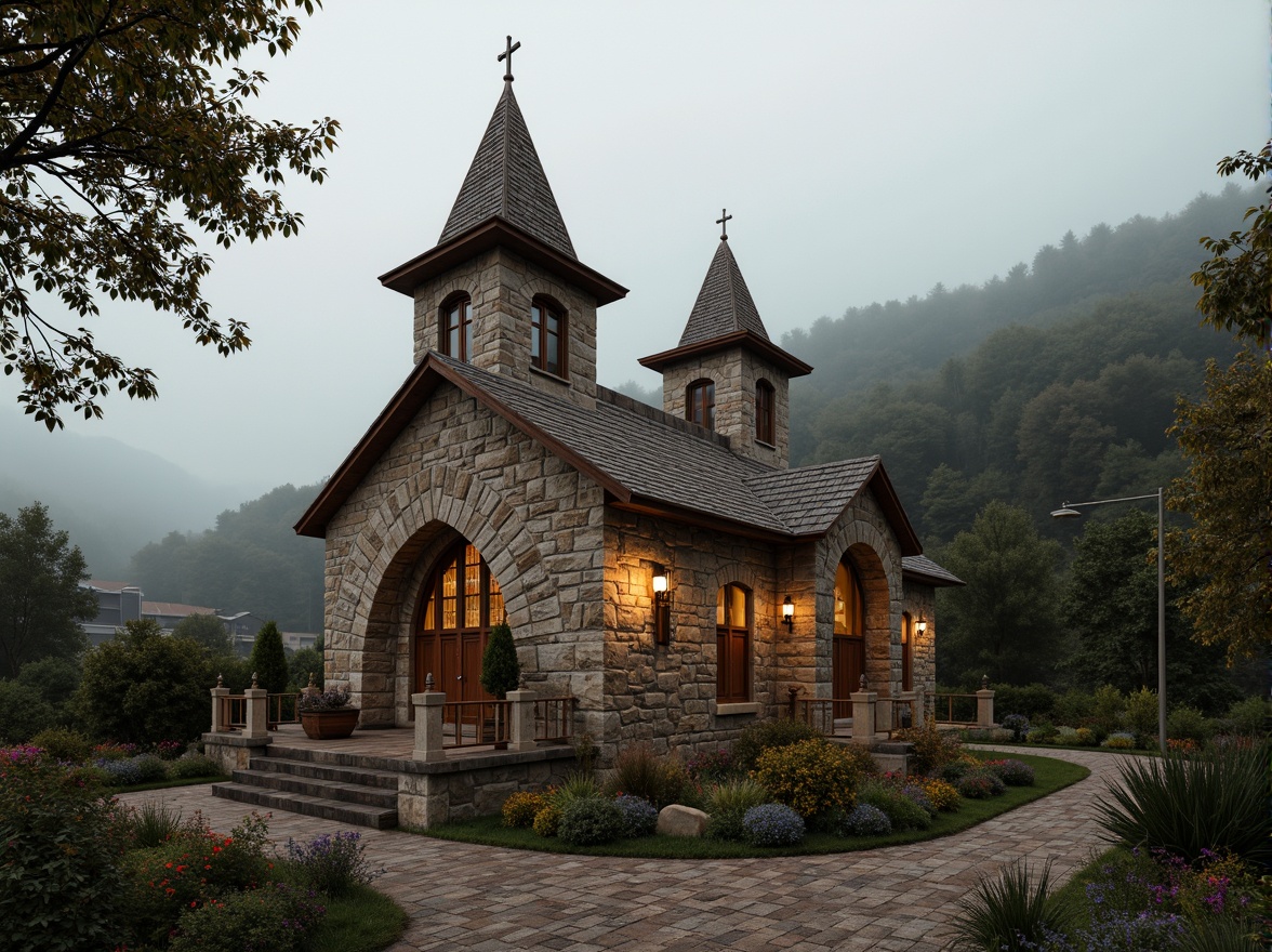 Prompt: Rustic church exterior, stone walls, wooden doors, steeply pitched roofs, ornate bell towers, intricate stonework, stained glass windows, vibrant frescoes, dimly lit nave, wooden pews, grand altar, vaulted ceilings, arched doorways, ornate pulpits, decorative capitals, rural landscape, rolling hills, surrounding forests, misty morning, soft warm lighting, 1/2 composition, realistic textures, ambient occlusion.