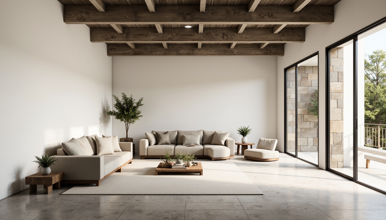 Prompt: Minimalist interior, white walls, polished concrete floors, large windows, sliding glass doors, natural stone accents, industrial metal beams, open-plan living space, sparse furniture arrangement, plenty of negative space, soft warm lighting, indirect sunlight, subtle shadows, 1/1 composition, shallow depth of field, realistic textures, ambient occlusion.