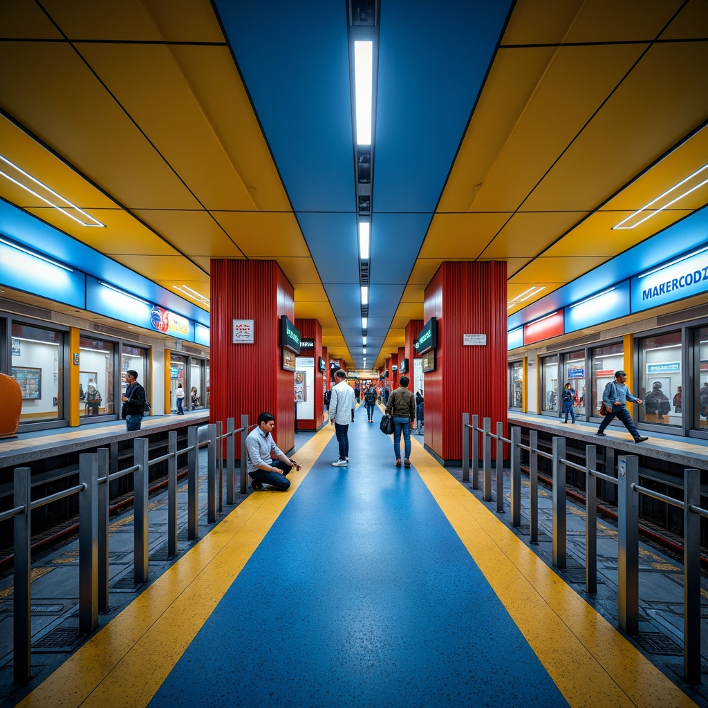 Prompt: Vibrant metro station, bold color scheme, bright blue accents, warm yellow lighting, deep red columns, sleek silver rails, modern minimalist architecture, urban cityscape, busy pedestrian traffic, morning rush hour, softbox lighting, shallow depth of field, 1/1 composition, realistic textures, ambient occlusion.