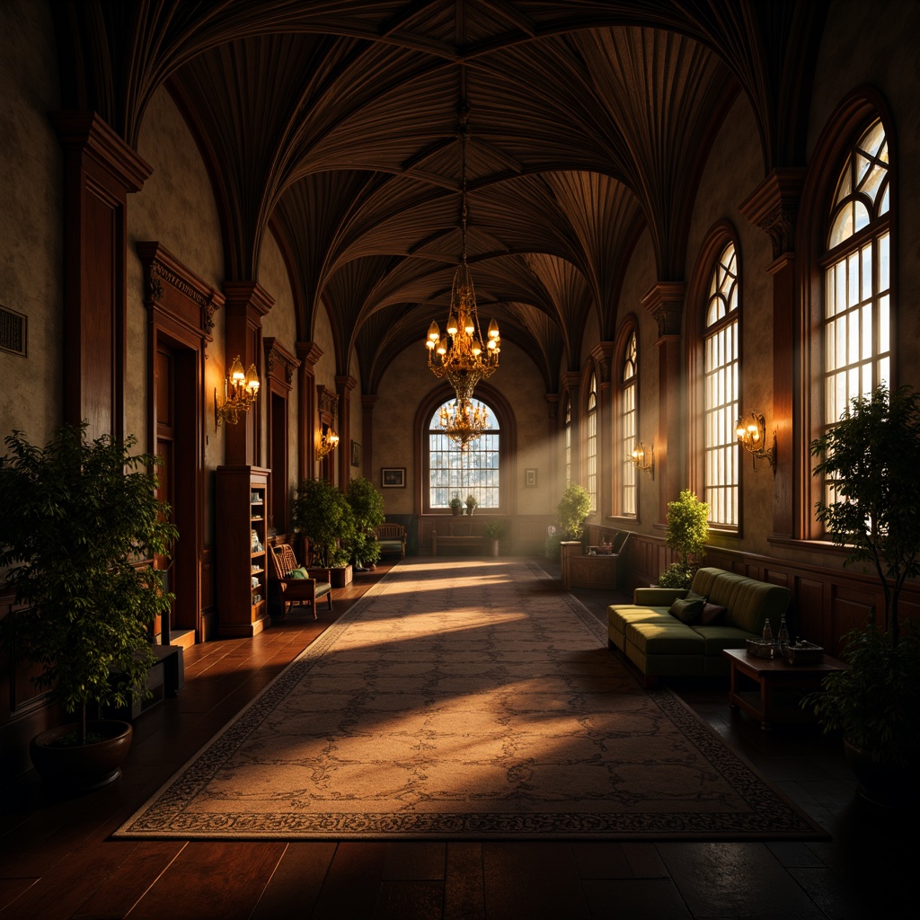 Prompt: Dimly lit office space, vaulted ceilings, ribbed arches, stained glass windows, grand chandeliers, ornate metalwork, rich wood paneling, luxurious fabrics, mystical ambiance, warm golden lighting, soft shadows, dramatic high contrast, cinematic composition, 1/1 aspect ratio, shallow depth of field, realistic textures, ambient occlusion.