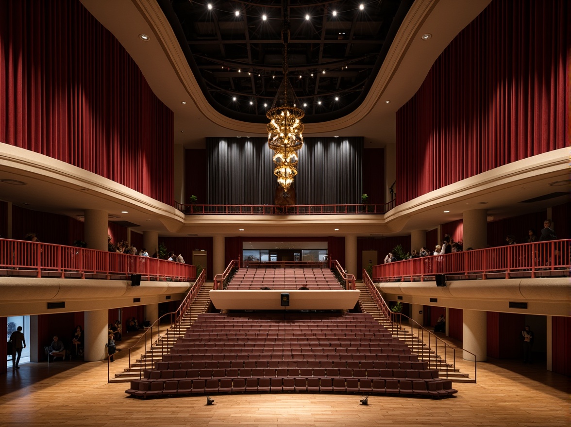 Prompt: Grand auditorium, tiered seating, curved balconies, ornate chandeliers, crimson velvet curtains, polished wooden floors, acoustic panels, soundproofing materials, dramatic stage lighting, catwalks, spotlights, audience participation areas, wheelchair accessibility ramps, modern minimalist interior design, high ceilings, expansive open spaces, subtle color scheme, warm ambient lighting, shallow depth of field, 2/3 composition, symmetrical architecture, realistic textures, ambient occlusion.