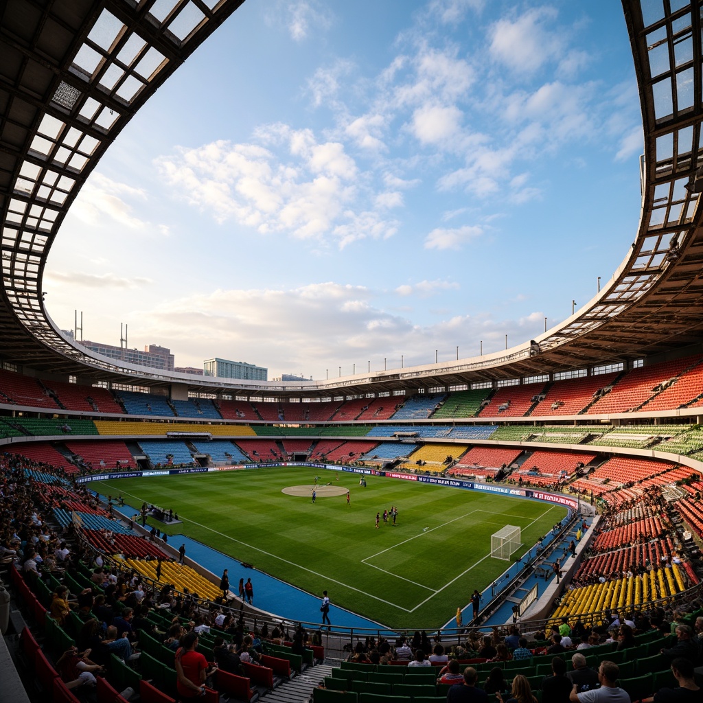 Prompt: Vibrant eclectic soccer stadium, asymmetrical seating arrangement, bold color blocking, dynamic angular lines, modern curved architecture, transparent roof structure, lush greenery, urban skyline views, evening ambient lighting, warm golden hour glow, shallow depth of field, 2/3 composition, realistic textures, ambient occlusion.