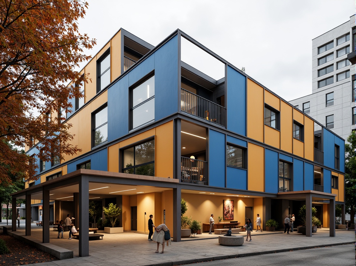 Prompt: Geometric dormitory building, bold color blocking, rectangular windows, flat roofs, industrial materials, steel beams, exposed ductwork, minimalist decor, functional furniture, urban campus setting, modern cityscape, overcast day, dramatic shadows, low-angle view, 1/1 composition, high-contrast lighting, brutalist architectural influences, primary color accents, graphic patterns, clean lines, rectangular forms, rational design philosophy.