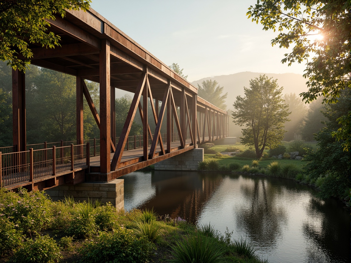 Prompt: Rustic steel bridges, worn wooden railings, verdant riverbanks, tranquil water reflections, misty mornings, warm golden lighting, natural stone piers, curved arches, ornate metal details, earthy color palette, textured concrete surfaces, vibrant wildflowers, lush greenery, meandering rivers, serene countryside landscapes, soft focus, shallow depth of field, 2/3 composition, cinematic framing, realistic materials, ambient occlusion.