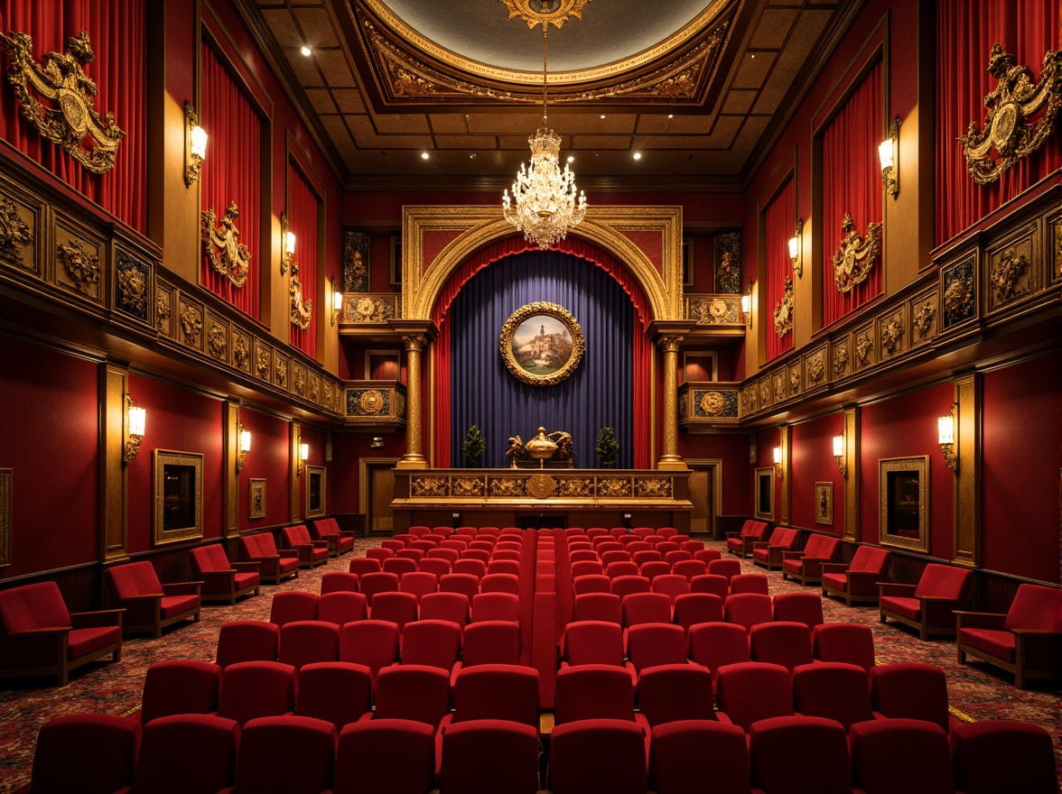 Prompt: Luxurious theater interior, plush red velvet seats, ornate golden balconies, grandiose chandeliers, rich wood accents, soft warm lighting, shallow depth of field, 3/4 composition, panoramic view, realistic textures, ambient occlusion, state-of-the-art sound systems, immersive cinematic experience, comfortable seating arrangements, ample legroom, sophisticated color schemes, elegant drapery, refined architectural details, dramatic spotlights, majestic high ceilings.