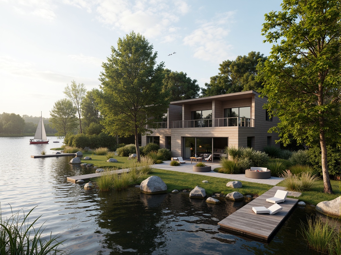 Prompt: Scenic lakefront homes, serene natural surroundings, lush greenery, gentle water ripples, wooden docks, sailboats, kayaks, tranquil atmosphere, warm sunlight, soft misty mornings, shallow depth of field, 1/1 composition, realistic textures, ambient occlusion, modern minimalist architecture, large windows, sliding glass doors, natural stone facades, wooden accents, outdoor living spaces, patio furniture, fire pits, lake-inspired color palette, soothing water sounds.