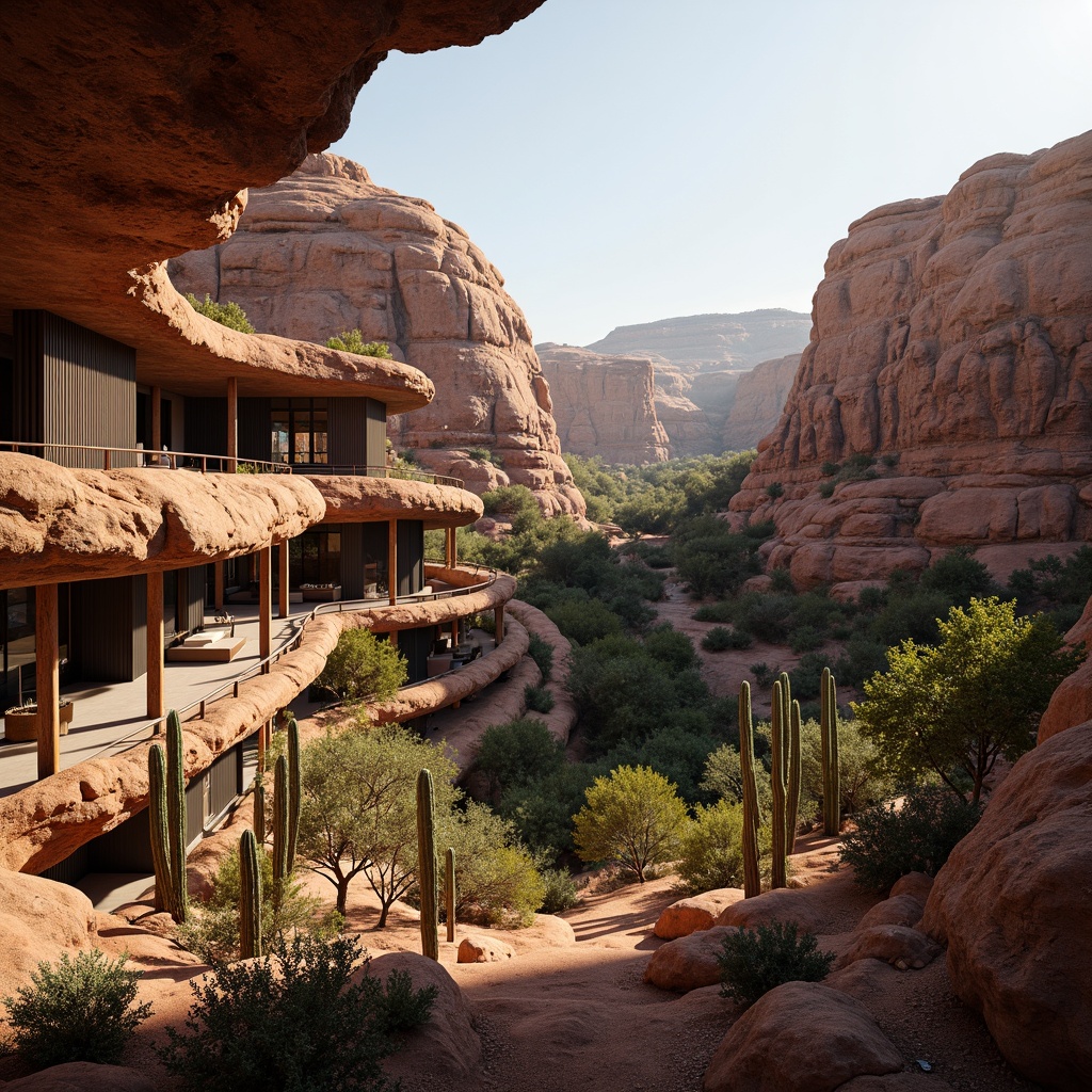 Prompt: Rugged canyon landscape, natural rock formations, earthy tones, organic textures, desert vegetation, cacti plants, winding trails, scenic overlooks, modern canyon-inspired architecture, curved lines, cantilevered structures, large windows, panoramic views, seamless indoor-outdoor transitions, warm golden lighting, dramatic shadows, 1/2 composition, atmospheric perspective, realistic rock details, ambient occlusion.