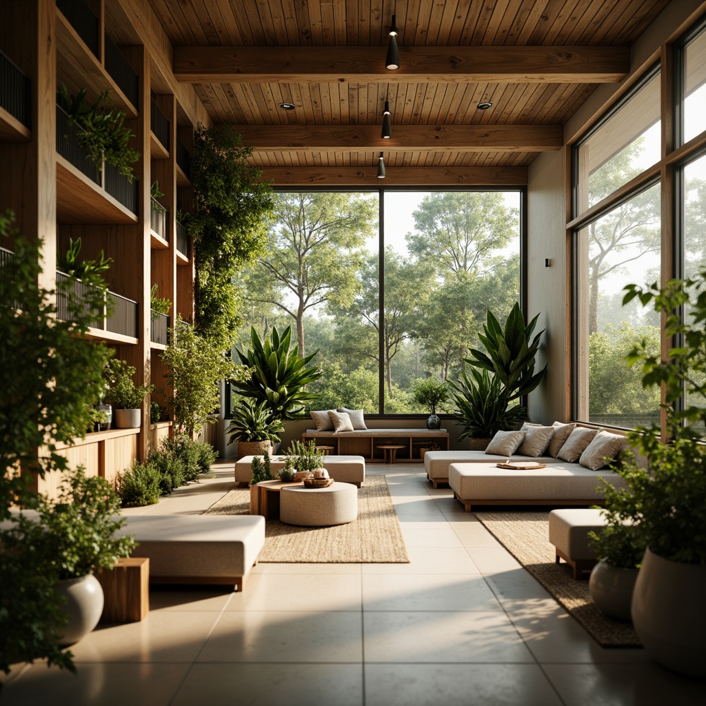 Prompt: Eco-friendly modern interior, natural materials, reclaimed wood accents, energy-efficient lighting, solar-powered systems, living green walls, air-purifying plants, minimalist decor, sustainable textiles, recycled glass surfaces, organic color palette, calm atmosphere, soft warm lighting, shallow depth of field, 3/4 composition, realistic textures, ambient occlusion.