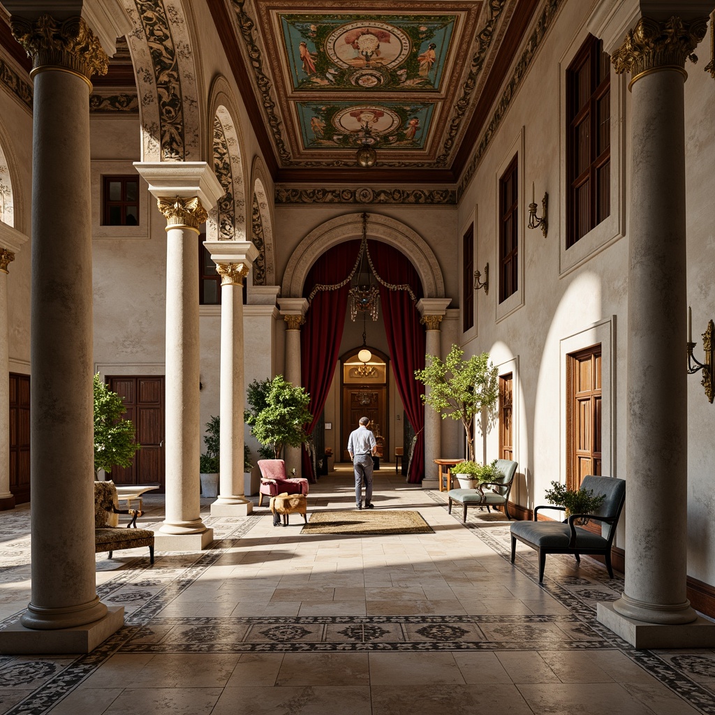 Prompt: Ornate columns, carved marble facades, rustic stone walls, grand entrance archways, intricately patterned mosaic floors, ornamental bronze door handles, luxurious velvet drapes, antique wooden furniture, crystal chandeliers, fresco ceilings, soft warm lighting, shallow depth of field, 1/1 composition, symmetrical framing, realistic textures, ambient occlusion.