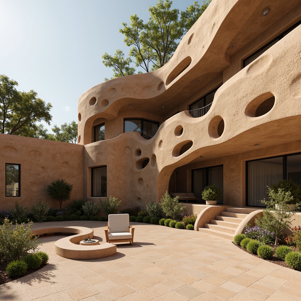 Prompt: Lavacrete building facade, textured stone walls, earthy tone colors, natural materiality, organic forms, curved lines, futuristic architecture, sustainable design, eco-friendly materials, innovative construction methods, minimalist decor, bright natural lighting, soft shadows, 1/1 composition, high-angle shot, realistic textures, ambient occlusion.