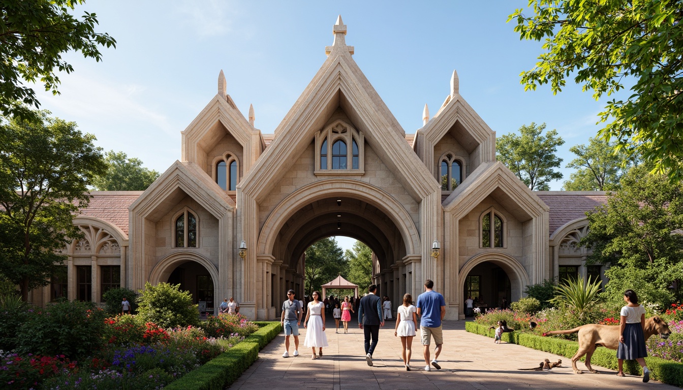 Prompt: Extravagant zoo entrance, grandiose Gothic arches, ornate stone carvings, intricate ribbed vaults, flying buttresses, dramatic spires, majestic lions, playful monkeys, lush greenery, vibrant flowers, exotic trees, sunny day, soft warm lighting, shallow depth of field, 3/4 composition, panoramic view, realistic textures, ambient occlusion, innovative roof structures, complex curvature, parametric design, biomimicry elements, sustainable materials, eco-friendly systems.